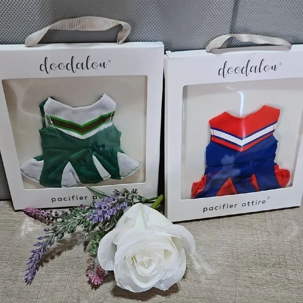 Doodalou Pacifier Attire Set Green/White & Blue/Red & Lamb Pacifier Holder